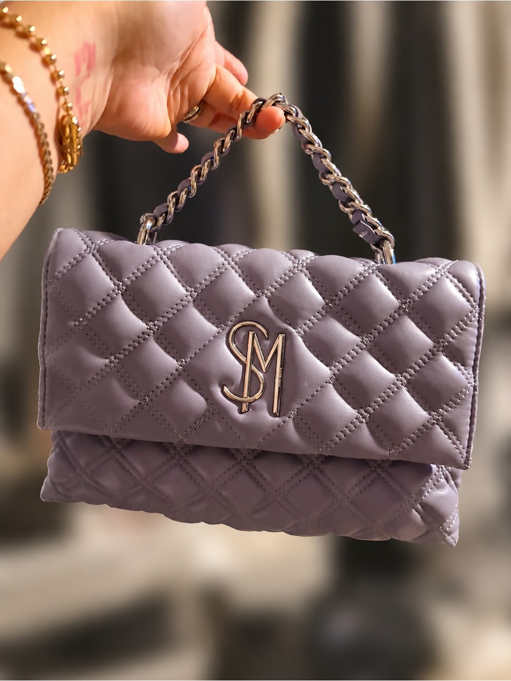 Steve Madden Quilted Lavender crossbody Bag with Chain Handle & charm
